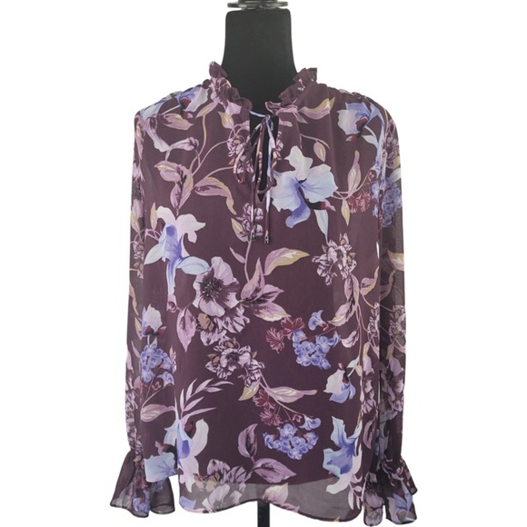 WHITE HOUSE BLACK MARKET BURGUNDY & PINK MULTICOLOR FLORAL RUFFLE BLOUSE size M - Picture 1 of 11